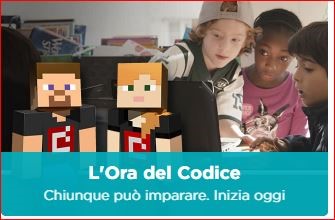 immagine di bambini con la scritta: L'ora del codice: Chiunque può imparare. Inizia oggi